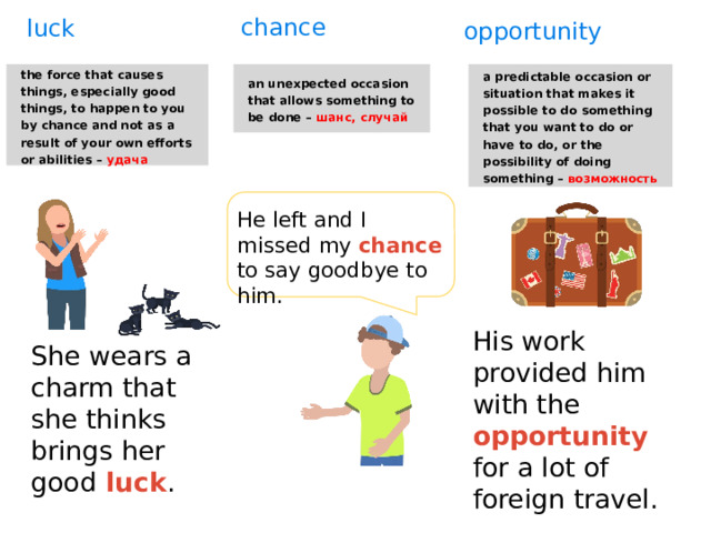 chance luck opportunity the force that causes things, especially good things, to happen to you by chance and not as a result of your own efforts or abilities – удача an unexpected occasion that allows something to be done – шанс, случай a predictable occasion or situation that makes it possible to do something that you want to do or have to do, or the possibility of doing something – возможность He left and I missed my chance to say goodbye to him. His work provided him with the opportunity for a lot of foreign travel. She wears a charm that she thinks brings her good luck . 