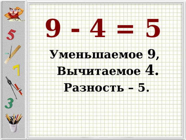 9 - 4 = 5 Уменьшаемое 9 , Вычитаемое 4.  Разность – 5. 