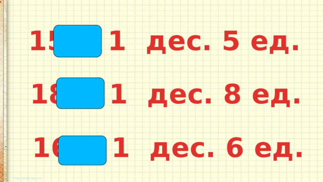 15 = 1 дес. 5 ед. 18 = 1 дес. 8 ед. 16 = 1 дес. 6 ед. 