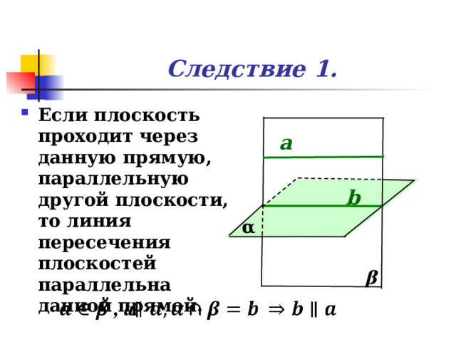 Следствие 1. Если плоскость проходит через данную прямую, параллельную другой плоскости, то линия пересечения плоскостей параллельна данной прямой. а b α β 