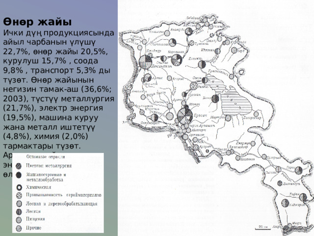 Өнөр жайы Ички дүң продукциясында айыл чарбанын үлүшү 22,7%, өнөр жайы 20,5%, курулуш 15,7% , соода 9,8% , транспорт 5,3% ды түзөт. Өнөр жайынын негизин тамак-аш (36,6%; 2003), түстүү металлургия (21,7%), электр энергия (19,5%), машина куруу жана металл иштетүү (4,8%), химия (2,0%) тармактары түзөт. Армения дүйнөдөгү энергиясы таңкыс өлкөлөргө кирет. 