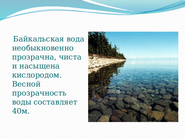  Байкальская вода необыкновенно прозрачна, чиста и насыщена кислородом. Весной прозрачность воды составляет 40м. 
