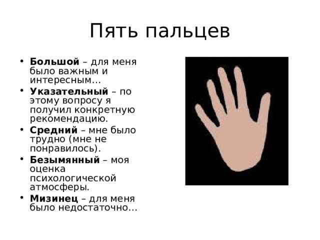 Пять пальцев Большой – для меня было важным и интересным… Указательный – по этому вопросу я получил конкретную рекомендацию. Средний – мне было трудно (мне не понравилось). Безымянный – моя оценка психологической атмосферы. Мизинец – для меня было недостаточно…  