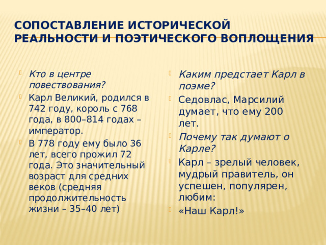Сопоставление исторической реальности и поэтического воплощения Кто в центре повествования? Карл Великий, родился в 742 году, король с 768 года, в 800–814 годах – император. В 778 году ему было 36 лет, всего прожил 72 года. Это значительный возраст для средних веков (средняя продолжительность жизни – 35–40 лет) Каким предстает Карл в поэме? Седовлас, Марсилий думает, что ему 200 лет. Почему так думают о Карле? Карл – зрелый человек, мудрый правитель, он успешен, популярен, любим: «Наш Карл!» 