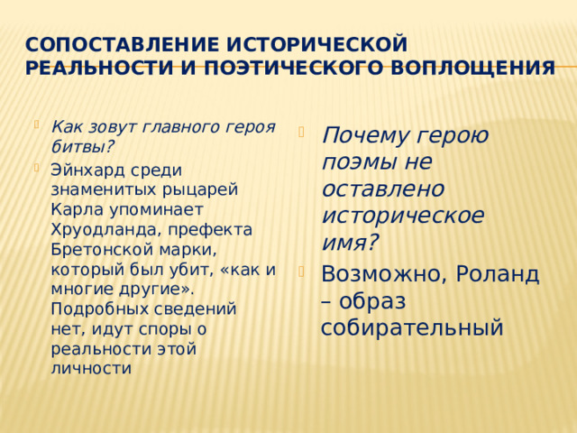 Сопоставление исторической реальности и поэтического воплощения Как зовут главного героя битвы? Эйнхард среди знаменитых рыцарей Карла упоминает Хруодланда, префекта Бретонской марки, который был убит, «как и многие другие». Подробных сведений нет, идут споры о реальности этой личности Почему герою поэмы не оставлено историческое имя? Возможно, Роланд – образ собирательный 