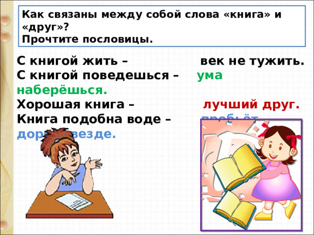 Как связаны между собой слова «книга» и «друг»?  Прочтите пословицы. С книгой жить –                 век не тужить. С книгой поведешься –     ума наберёшься. Хорошая книга –                 лучший друг. Книга подобна воде –        пробьёт дорогу везде. 