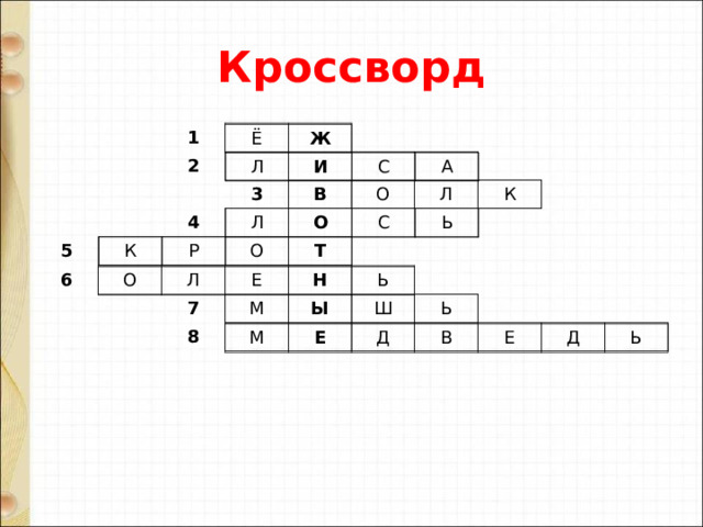 Кроссворд 1 2 5 3 4 6 7 8 Ё Ж Л И С А В О Л К Л О С Ь К Р О Т О Л Е Н Ь М Ы Ш Ь М Е Д В Е Д Ь 