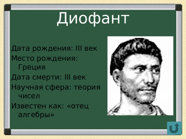 Диофант Дата рождения: III век Место рождения: Греция Дата смерти: III век Научная сфера: теория чисел Известен как: «отец алгебры»  