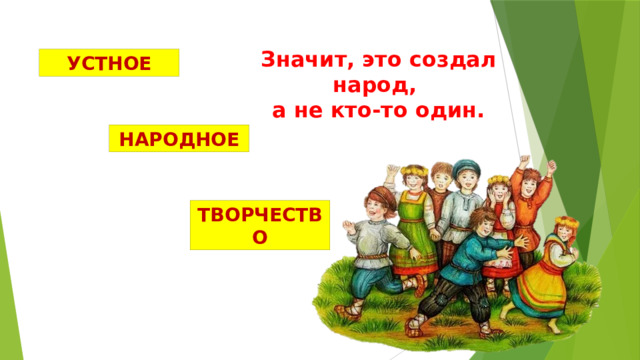 Значит, это создал народ, а не кто-то один. УСТНОЕ НАРОДНОЕ ТВОРЧЕСТВО 