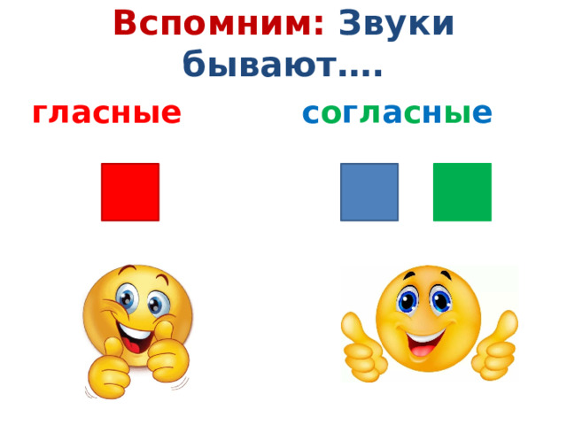 Вспомним: Звуки бывают…. гласные с о г л а с н ы е 