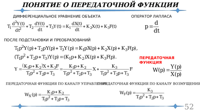 ПОНЯТИЕ О ПЕРЕДАТОЧНОЙ ФУНКЦИИ ОПЕРАТОР ЛАПЛАСА ДИФФЕРЕНЦИАЛЬНОЕ УРАВНЕНИЕ ОБЪЕКТА ПОСЛЕ ПОДСТАНОВКИ И ПРЕОБРАЗОВАНИЙ ПЕРЕДАТОЧНАЯ ФУНКЦИЯ ПЕРЕДАТОЧНАЯ ФУНКЦИЯ ПО КАНАЛУ ВОЗМУЩЕНИЯ ПЕРЕДАТОЧНАЯ ФУНКЦИЯ ПО КАНАЛУ УПРАВЛЕНИЯ  