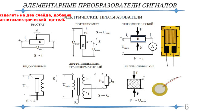 ЭЛЕМЕНТАРНЫЕ ПРЕОБРАЗОВАТЕЛИ СИГНАЛОВ Разделить на два слайда, добавив Магнитоэлектрический пр-тель  