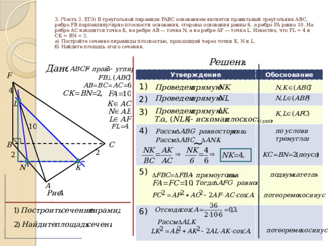  3. (Часть 2. ЕГЭ) В треугольной пирамиде FABC основанием является правильный треугольник АВС, ребро FB перпендикулярно плоскости основания, стороны основания равны 6, а ребро FA равно 10. На ребре АС находится точка К, на ребре АВ — точка N, а на ребре AF — точка L. Известно, что FL = 4 и СК = BN = 2.  а) Постройте сечение пирамиды плоскостью, проходящей через точки К, N и L.  б) Найдите площадь этого сечения. Утверждение 1) Обоснование 2) 3) 4) 5) 6) ~ 