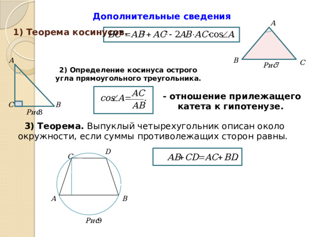 Дополнительные сведения 1) Теорема косинусов.  2) Определение косинуса острого угла прямоугольного треугольника.  - отношение прилежащего катета к гипотенузе.  3) Теорема. Выпуклый четырехугольник описан около окружности, если суммы противолежащих сторон равны. 