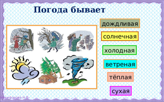 Погода бывает дождливая солнечная холодная ветреная тёплая сухая 