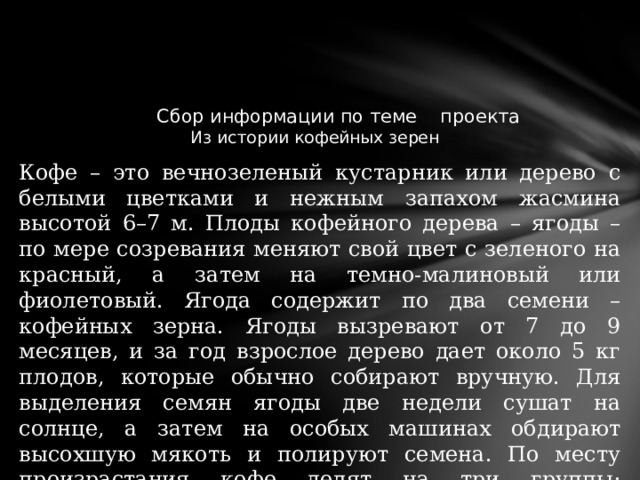     Сбор информации по теме проекта  Из истории кофейных зерен Кофе – это вечнозеленый кустарник или дерево с белыми цветками и нежным запахом жасмина высотой 6–7 м. Плоды кофейного дерева – ягоды – по мере созревания меняют свой цвет с зеленого на красный, а затем на темно-малиновый или фиолетовый. Ягода содержит по два семени – кофейных зерна. Ягоды вызревают от 7 до 9 месяцев, и за год взрослое дерево дает около 5 кг плодов, которые обычно собирают вручную. Для выделения семян ягоды две недели сушат на солнце, а затем на особых машинах обдирают высохшую мякоть и полируют семена. По месту произрастания кофе делят на три группы: американский, африканский и азиатский. 