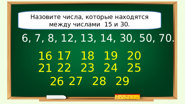 Назовите числа, которые находятся между числами 15 и 30. 6, 7, 8, 12, 13, 14, 30, 50, 70. 17 18 19 20 16 25 22 23 24 21 28 27 29 26 