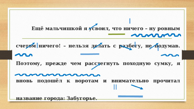  Ещё мальчишкой я усвоил, что ничего – ну ровным счетом ничего! – нельзя делать с разбегу, не подумав. Поэтому, прежде чем расстегнуть походную сумку, я вновь подошёл к воротам и внимательно прочитал название города: Забугорье. 