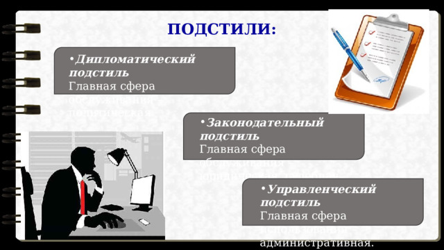 ПОДСТИЛИ: Дипломатический подстиль   Главная сфера обслуживания – политическая. Законодательный подстиль   Главная сфера обслуживания – юридическая, судебная. Управленческий подстиль   Главная сфера использования – административная. 