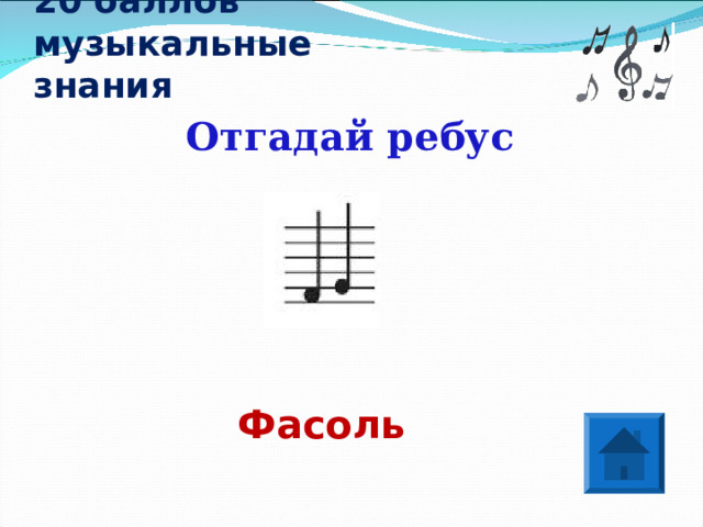 20 баллов  музыкальные знания  Отгадай ребус Фасоль 