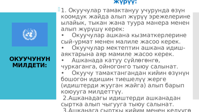 Окуучулардын ашканада өздөрүн алып жүрүү:  1. Окуучулар тамактануу учурунда өзүн коомдук жайда алып жүрүү эрежелерине ылайык, тыкан жана туура манера менен алып жүрүшү керек:   •    Окуучулар ашкана кызматкерлерине сый-урмат менен малиле жасоо керек.   •    Окуучулар мектептин ашкана идиш-аяктарына аяр мамиле жасоо керек.   •    Ашканада катуу сүйлөгөнгө, чуркаганга, ойногонго тыюу салынат.   •    Окуучу тамактангандан кийин өзүнүн бошогон идишин тиешелүү жерге (идиштерди жууган жайга) алып барып коюууга милдеттүү.   2.Ашканадагы идиштерди ашканадан сыртка алып чыгууга тыюу салынат.   3.Ашканага сырткы кийим менен келүүгө тыюу салынат.    ОКУУЧУНУН МИЛДЕТИ: 