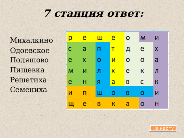 7 станция ответ: Михалкино Одоевское Поляшово Пищевка Решетиха Семениха На карту 