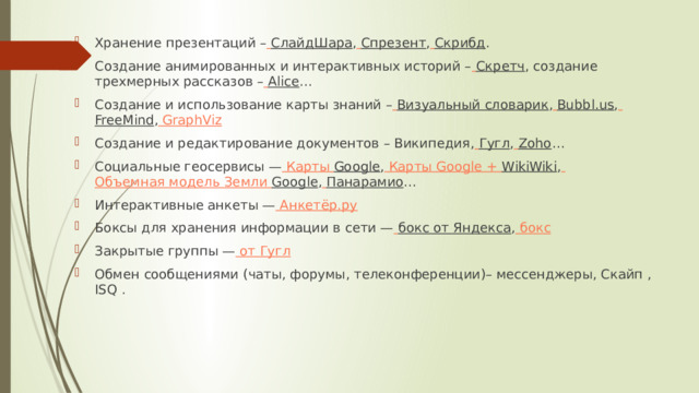 Хранение презентаций –  СлайдШара ,  Спрезент ,  Скрибд . Создание анимированных и интерактивных историй –  Скретч , создание трехмерных рассказов –  Alice … Создание и использование карты знаний –  Визуальный словарик ,  Bubbl.us ,  FreeMind ,  GraphViz Создание и редактирование документов – Википедия,  Гугл ,  Zoho … Социальные геосервисы —  Карты Google ,  Карты Google + WikiWiki ,  Объемная модель Земли Google ,  Панарамио … Интерактивные анкеты —  Анкетёр.ру Боксы для хранения информации в сети —  бокс от Яндекса ,  бокс Закрытые группы —  от Гугл Обмен сообщениями (чаты, форумы, телеконференции)– мессенджеры, Скайп , ISQ . 