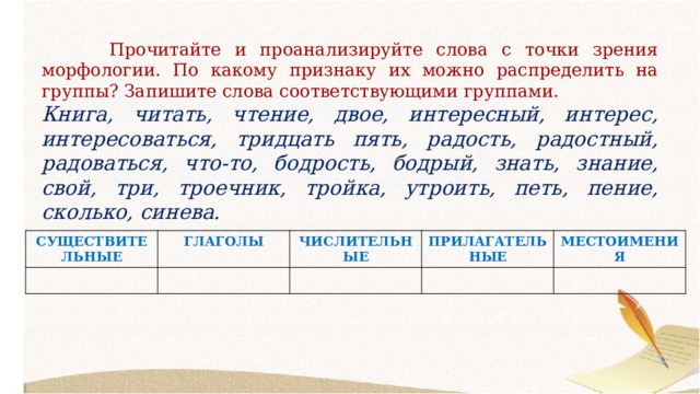  Прочитайте и проанализируйте слова с точки зрения морфологии. По какому признаку их можно распределить на группы? Запишите слова соответствующими группами. Книга, читать, чтение, двое, интересный, интерес, интересоваться, тридцать пять, радость, радостный, радоваться, что‑то, бодрость, бодрый, знать, знание, свой, три, троечник, тройка, утроить, петь, пение, сколько, синева. СУЩЕСТВИТЕЛЬНЫЕ ГЛАГОЛЫ ЧИСЛИТЕЛЬНЫЕ ПРИЛАГАТЕЛЬ МЕСТОИМЕНИЯ НЫЕ 