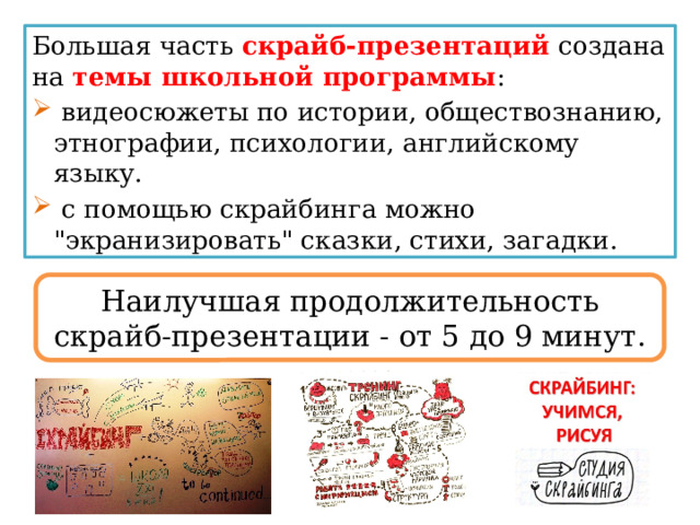 Большая часть скрайб-презентаций создана на темы школьной программы :  видеосюжеты по истории, обществознанию, этнографии, психологии, английскому языку.  с помощью скрайбинга можно 