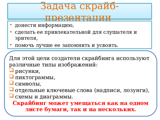 Задача скрайб-презентации донести информацию, сделать ее привлекательной для слушателя и зрителя, помочь лучше ее запомнить и усвоить. Для этой цели создатели скрайбинга используют различные типы изображений: рисунки, пиктограммы, символы, отдельные ключевые слова (надписи, лозунги), схемы и диаграммы. Скрайбинг может умещаться как на одном листе бумаги, так и на нескольких. 