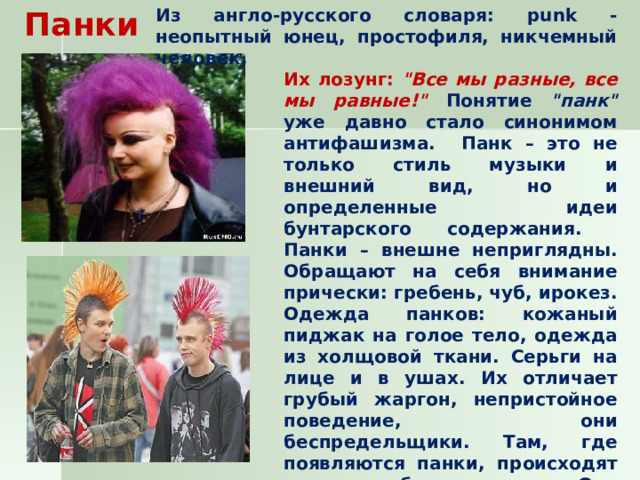 Панки Из англо-русского словаря: punk - неопытный юнец, простофиля, никчемный человек, Их лозунг: 