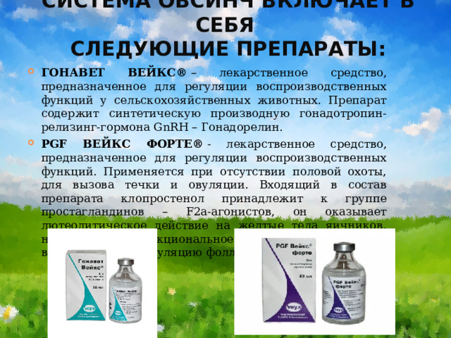 Система ОвСинч включает в себя  следующие препараты:   ГОНАВЕТ ВЕЙКС®  – лекарственное средство, предназначенное для регуляции воспроизводственных функций у сельскохозяйственных животных. Препарат содержит синтетическую производную гонадотропин-релизинг-гормона GnRH – Гонадорелин. PGF ВЕЙКС ФОРТЕ®  - лекарственное средство, предназначенное для регуляции воспроизводственных функций. Применяется при отсутствии половой охоты, для вызова течки и овуляции. Входящий в состав препарата клопростенол принадлежит к группе простагландинов – F2а-агонистов, он оказывает лютеолитическое действие на желтые тела яичников, нормализует функциональное состояние яичников, вызывая течку и овуляцию фолликулов. 1 