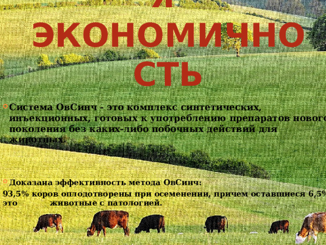    Эффективная  экономичность    Система ОвСинч - это комплекс синтетических, инъекционных, готовых к употреблению препаратов нового поколения без каких-либо побочных действий для животных.    Доказана эффективность метода ОвСинч: 93,5% коров оплодотворены при осеменении, причем оставшиеся 6,5% - это животные с патологией. 
