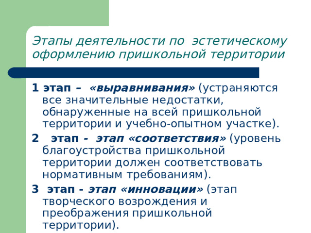 Этапы деятельности по  эстетическому оформлению пришкольной территории 1 этап – «выравнивания» (устраняются все значительные недостатки, обнаруженные на всей пришкольной территории и учебно-опытном участке). 2   этап -  этап «соответствия» (уровень благоустройства пришкольной территории должен соответствовать нормативным требованиям). 3  этап - этап «инновации» (этап творческого возрождения и преображения пришкольной территории). 