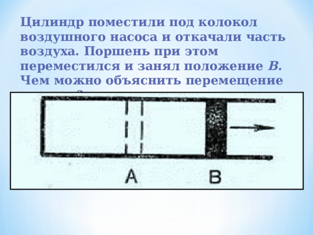 Цилиндр поместили под колокол воздушного насоса и откачали часть воздуха. Поршень при этом переместился и занял положение В. Чем можно объяснить перемещение поршня? 
