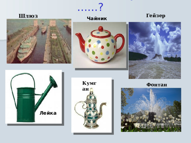 Что общего между….……? Шлюз  Гейзер  Чайник Кумган  Фонтан  Лейка 