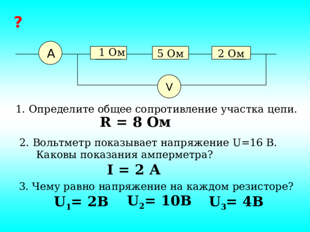 ? 1 Ом А 5 Ом 2 Ом V 1. Определите общее сопротивление участка цепи. R = 8 Ом 2. Вольтметр показывает напряжение U=16 В.  Каковы показания амперметра? I = 2 А 3. Чему равно напряжение на каждом резисторе? U 2 = 10В U 1 = 2В U 3 = 4В 