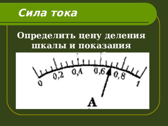 Сила тока Определить цену деления шкалы и показания данного прибора 