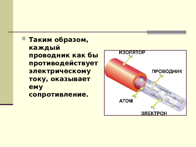 Таким образом, каждый проводник как бы противодействует электрическому току, оказывает ему сопротивление. 