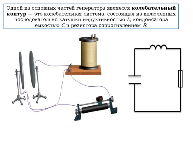 Одной из основных частей генератора является колебательный контур — это колебательная система, состоящая из включенных последовательно катушки индуктивностью L , конденсатора емкостью C и резистора сопротивлением R . 