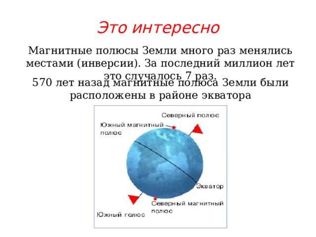 Это интересно Магнитные полюсы Земли много раз менялись местами (инверсии). За последний миллион лет это случалось 7 раз. 570 лет назад магнитные полюса Земли были расположены в районе экватора 