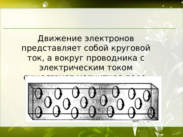 Движение электронов представляет собой круговой ток, а вокруг проводника с электрическим током существует магнитное поле. 3 
