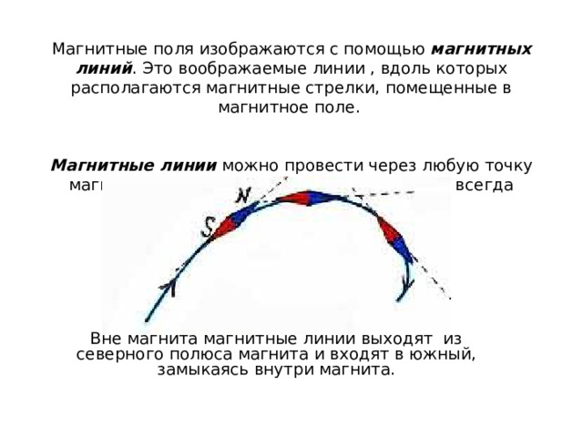 Магнитные поля изображаются с помощью магнитных линий . Это воображаемые линии , вдоль которых располагаются магнитные стрелки, помещенные в магнитное поле. Магнитные линии можно провести через любую точку магнитного поля, они имеют направление и всегда замкнуты. Вне магнита магнитные линии выходят из северного полюса магнита и входят в южный, замыкаясь внутри магнита. 