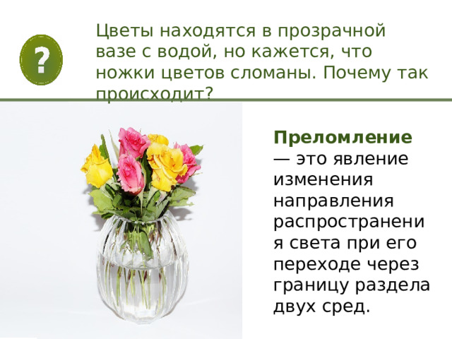 Цветы находятся в прозрачной вазе с водой, но кажется, что ножки цветов сломаны. Почему так происходит? Преломление  — это явление изменения направления распространения света при его переходе через границу раздела двух сред. 