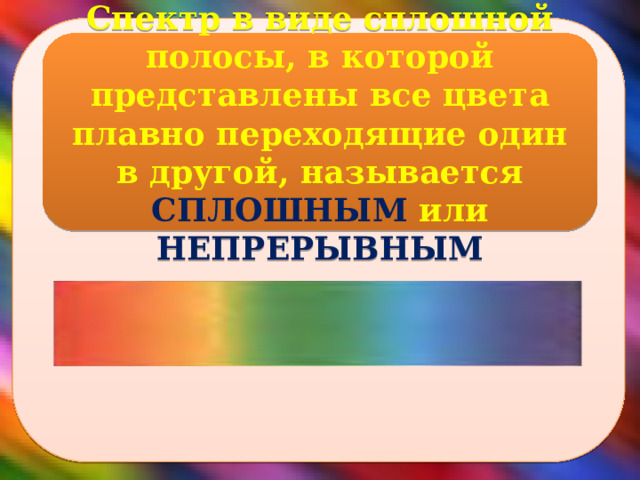 Спектр в виде сплошной полосы, в которой представлены все цвета плавно переходящие один в другой, называется СПЛОШНЫМ или НЕПРЕРЫВНЫМ 