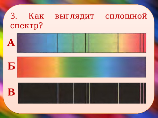 3. Как выглядит сплошной спектр?    А Б В 
