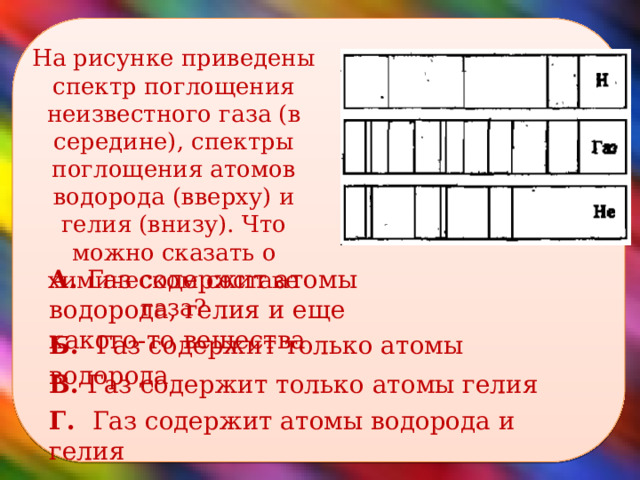    На рисунке приведены спектр поглощения неизвестного газа (в середине), спектры поглощения атомов водорода (вверху) и гелия (внизу). Что можно сказать о химическом составе газа? А. Газ содержит атомы водорода, гелия и еще какого-то вещества Б. Газ содержит только атомы водорода В. Газ содержит только атомы гелия Г. Газ содержит атомы водорода и гелия 