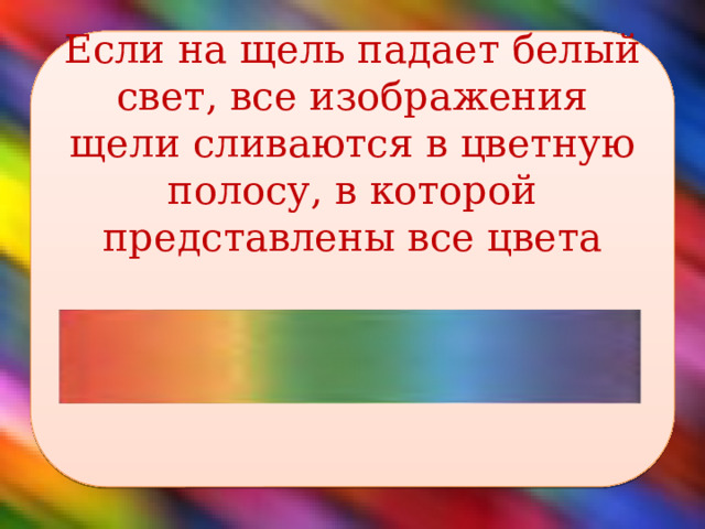 Если на щель падает белый свет, все изображения щели сливаются в цветную полосу, в которой представлены все цвета      