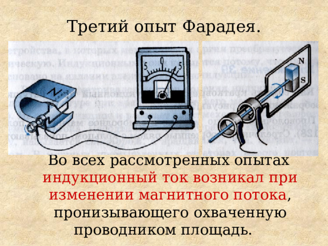 Третий опыт Фарадея.  Во всех рассмотренных опытах индукционный ток возникал при изменении магнитного потока , пронизывающего охваченную проводником площадь. 