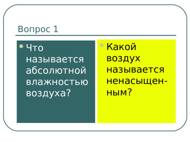 Вопрос 1 Какой воздух называется ненасыщен-ным? Что называется абсолютной влажностью воздуха? 